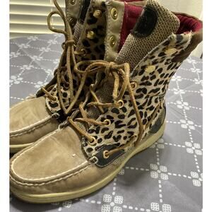 Sperry Hikerfish Tan Beige Leather Leopard Animal Lace Up Boot Hike Shoe Sz 7M